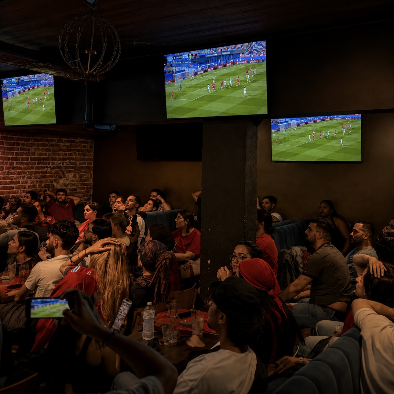 Live sports match broadcast on multiple TV screens