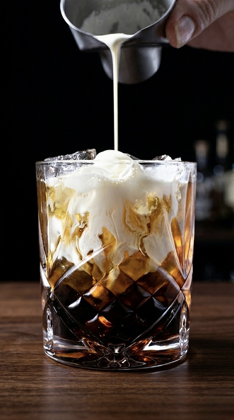 Cream poured over an iced signature cocktail